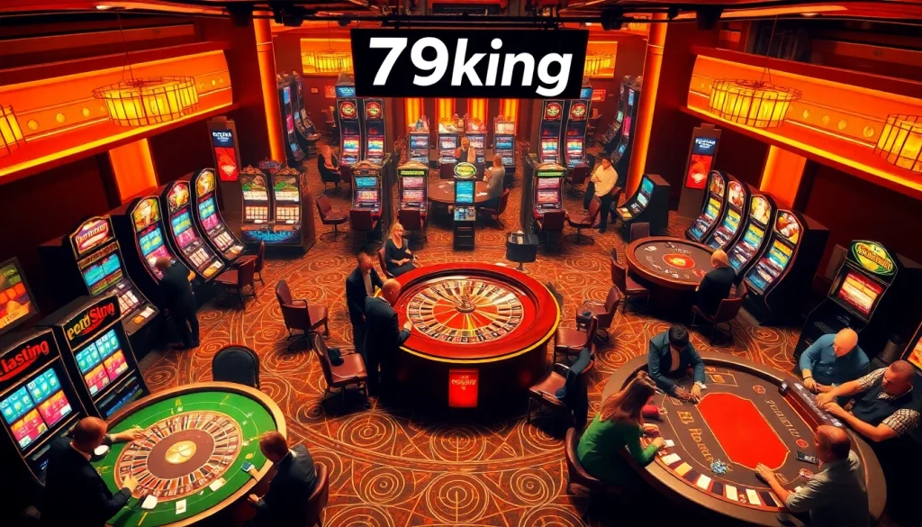 Players enjoying the excitement at the 79king casino, surrounded by vibrant slot machines and roulette tables.