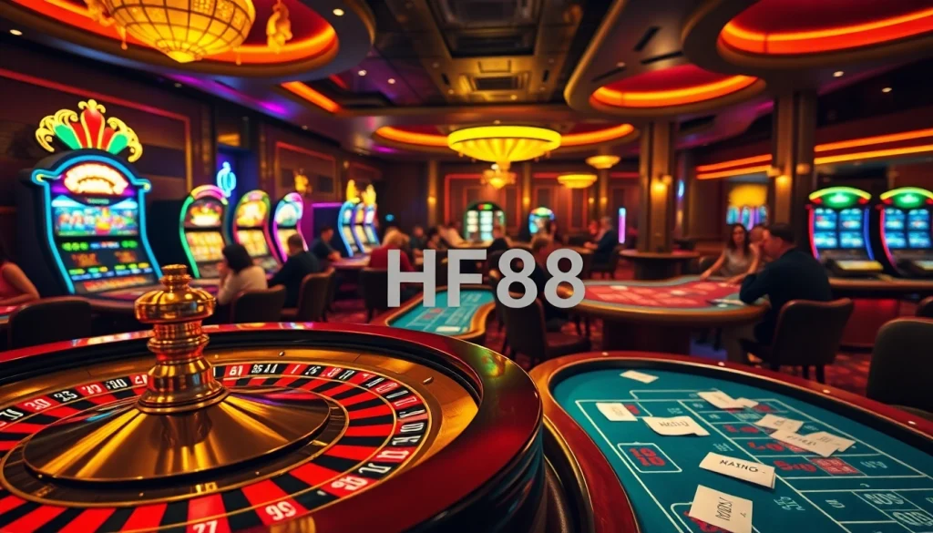 HF88 highlights a lively casino atmosphere with players at poker tables enjoying intense gameplay and engaging with modern gaming technology.