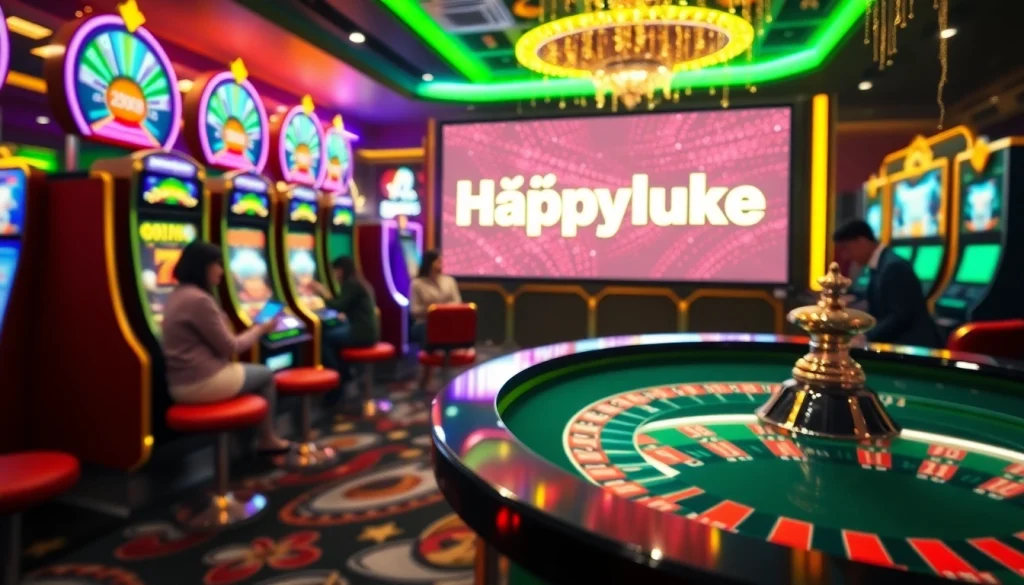 "Đăng Ký Happyluke to experience thrilling online gambling with vibrant casino visuals and excited players."
