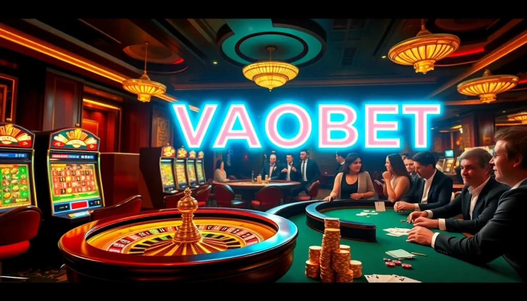 VAOBET offers an immersive casino experience with vibrant slot machines and eager players at a roulette table.