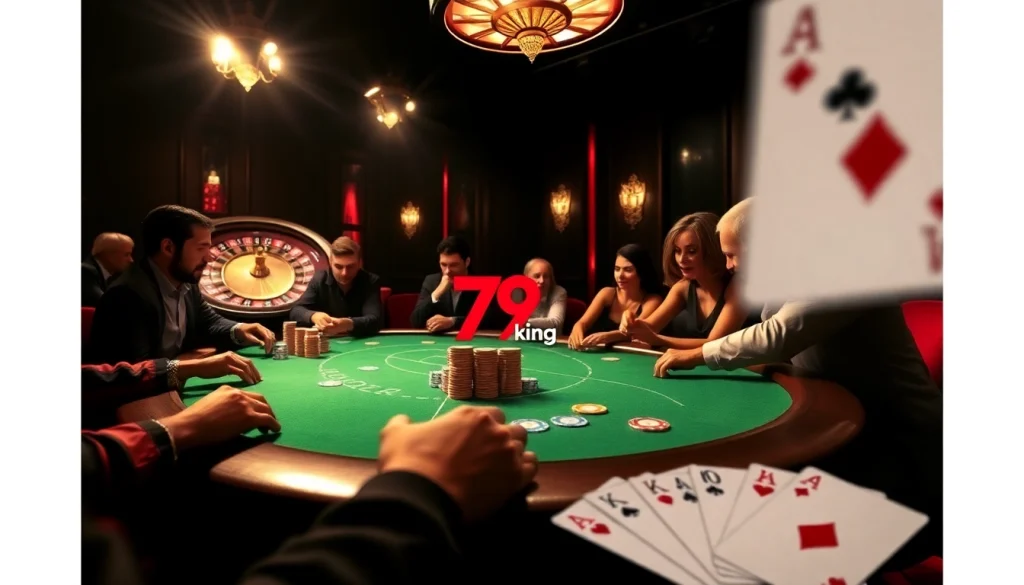 79king poker table filled with chips and intense gameplay in a luxurious casino.