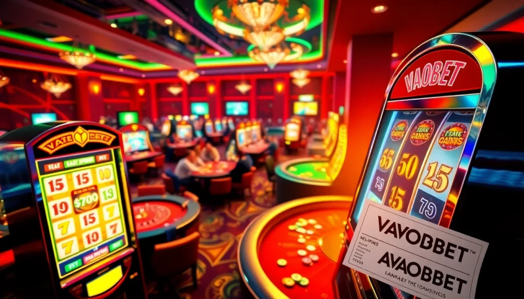 VAOBET casino gaming excitement with vibrant tables, cards, and slot machines.