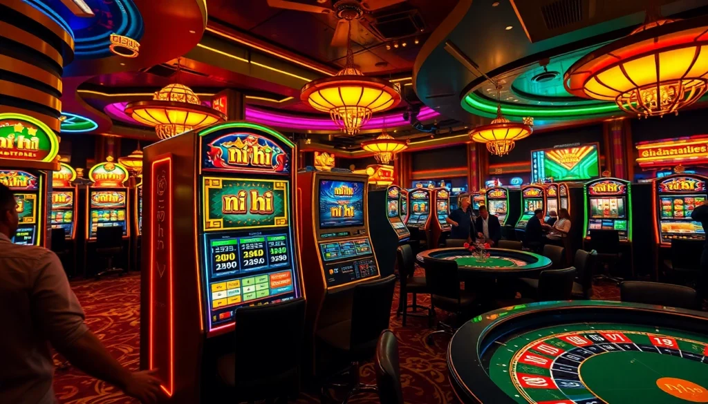Nổ hũ thrilling game experience with players at the casino cheering for jackpots.