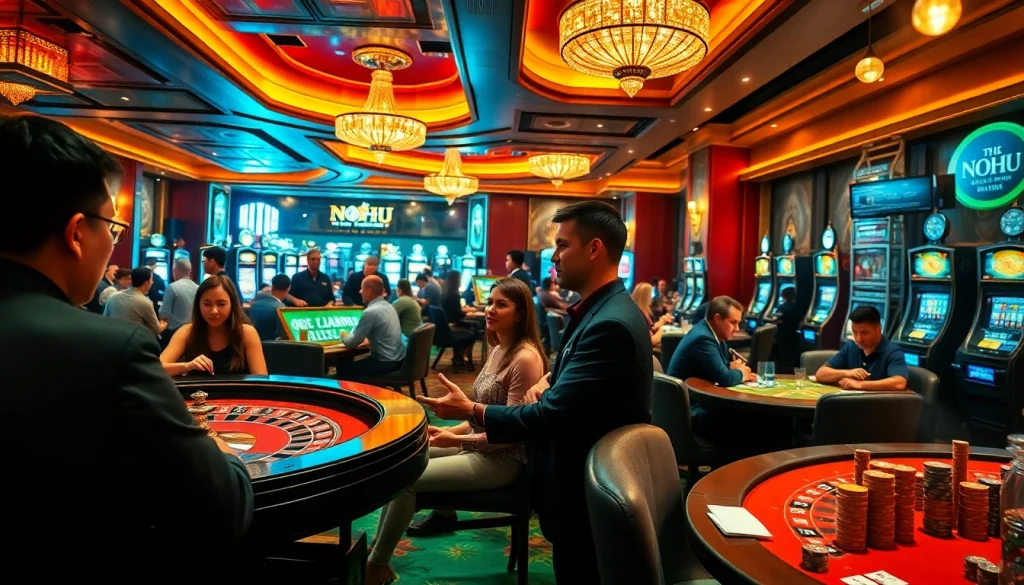 NOHU Casino’s luxurious gaming floor with excited players at roulette and poker tables.