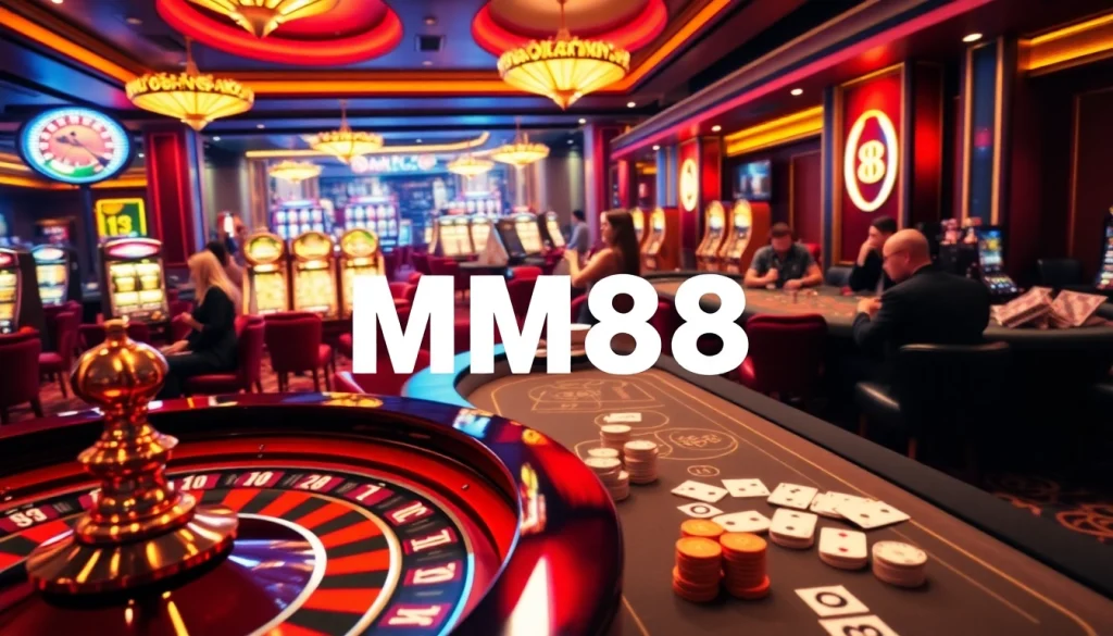 Experience the thrill of MM88 at a bustling casino floor with players enjoying roulette and poker games.