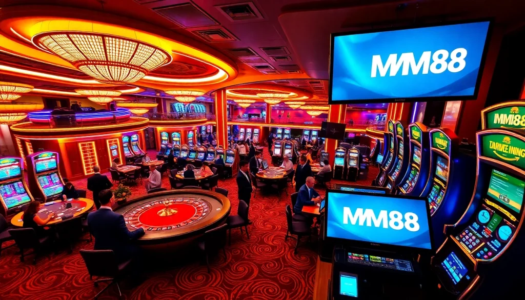 Experience the thrill of casino gaming at MM88, featuring players at roulette tables and vibrant slot machines.