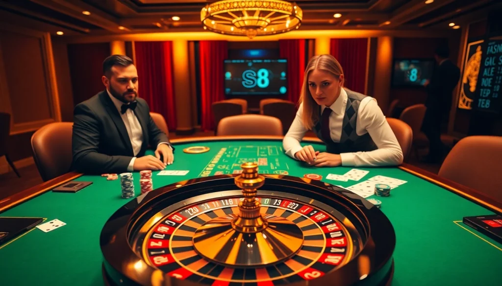 Spin the s8-themed roulette wheel in a glamorous casino setting with poker chips.