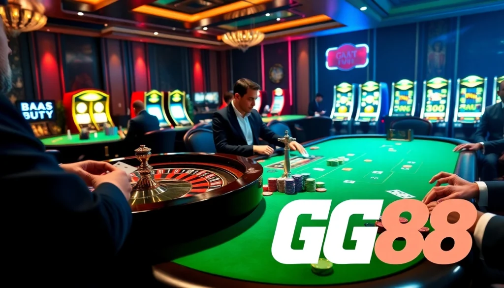 Experience the thrilling atmosphere of GG88 with poker professionals, vibrant chips, and roulette excitement.