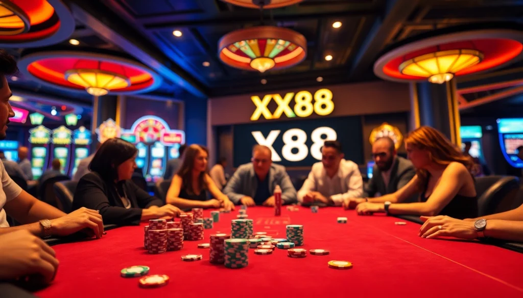 Players enjoying an energetic poker game at XX88-themed casino table, showcasing vibrant chips.