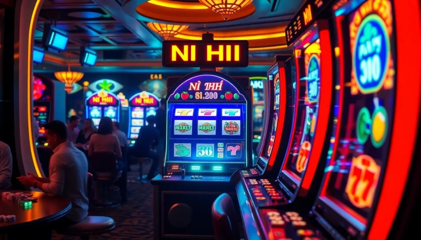 Nổ Hũ slot machine in a bustling casino, showcasing excitement and winning moments.