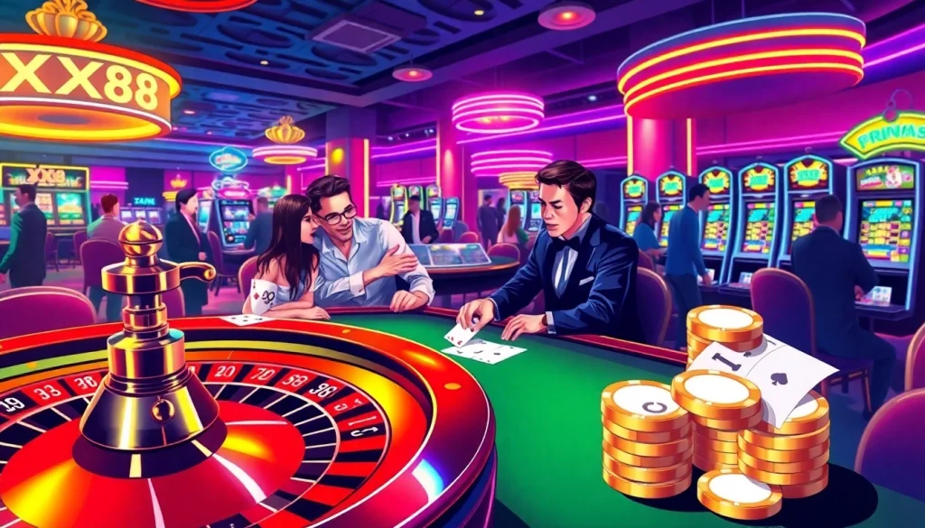 XX88 poker game atmosphere with players at a casino table, showcasing excitement.