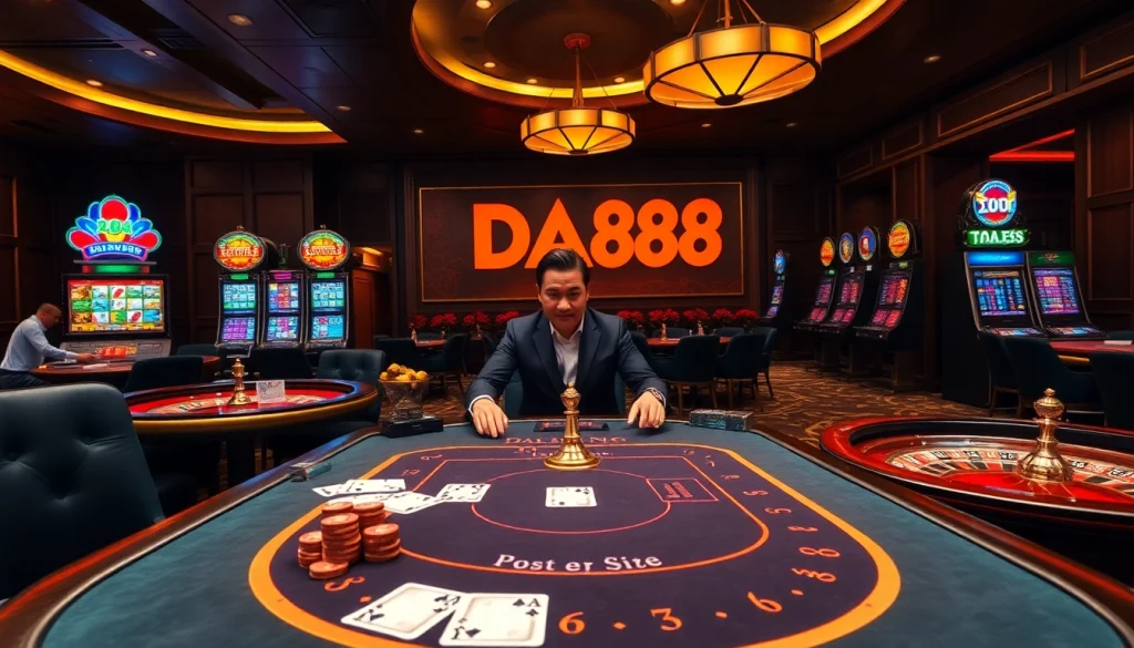 Exciting moment at DA88 casino with poker chips and cards on a sleek poker table.
