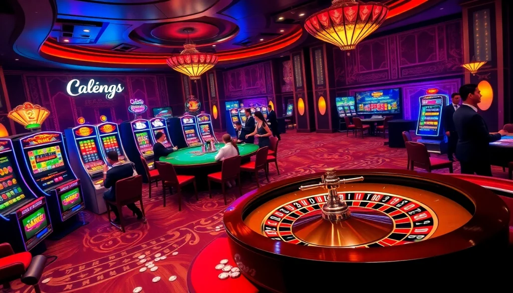 Engage with Đăng Ký LC88 in a thrilling casino atmosphere featuring tables for blackjack and roulette.