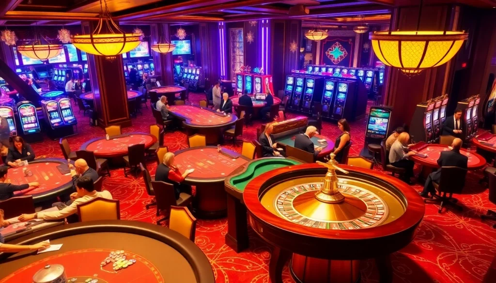 Experience electrifying casino action at OK8386, with players at blackjack and roulette tables under vibrant lights.