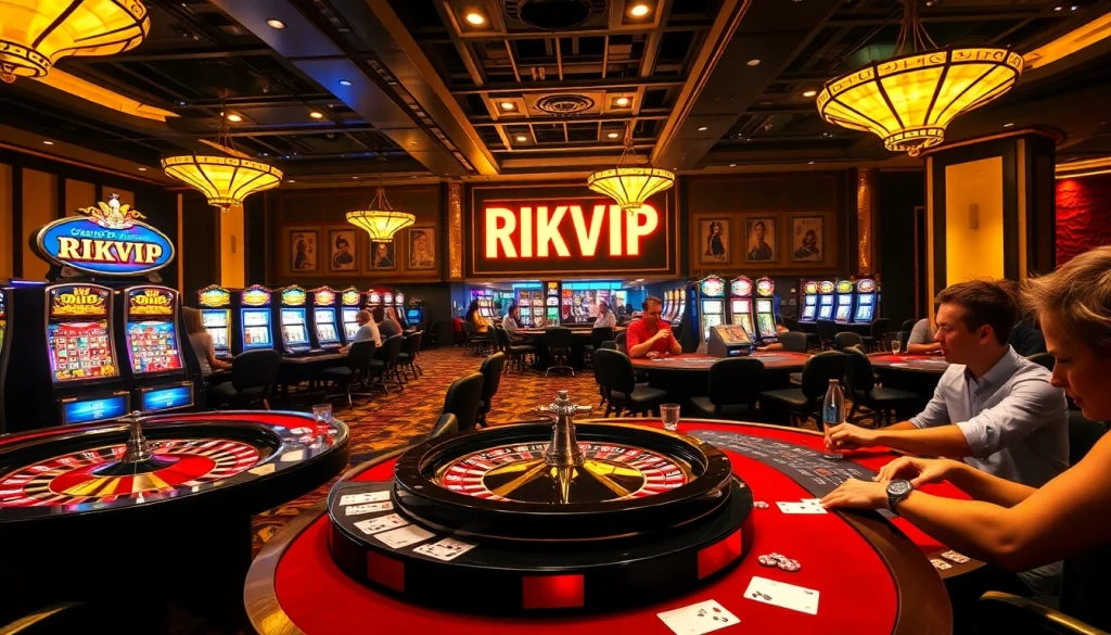 Exciting gambling scene at RIKVIP casino with players at poker tables, showcasing potential winnings.