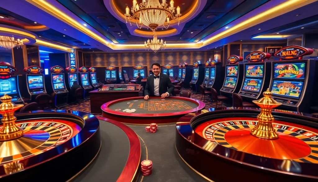 A thrilling scene of online gambling at nhà cái uk88, featuring roulette, poker, and colorful slot machines.