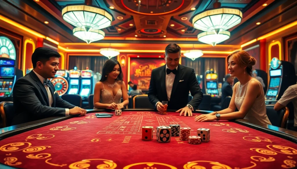 Players enjoying sky88 tài xỉu at a luxurious casino table, surrounded by vibrant gaming atmosphere.