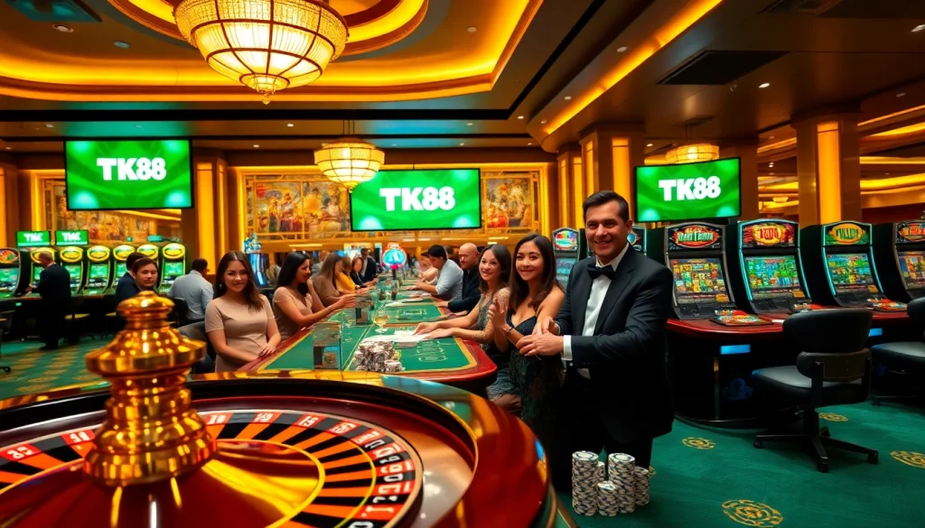 Experience the excitement of gambling with TK88 in a vibrant casino setting featuring tables and slot machines.