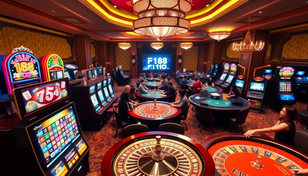 F168 casino gaming scene with poker tables, slot machines, and players enjoying their bets.