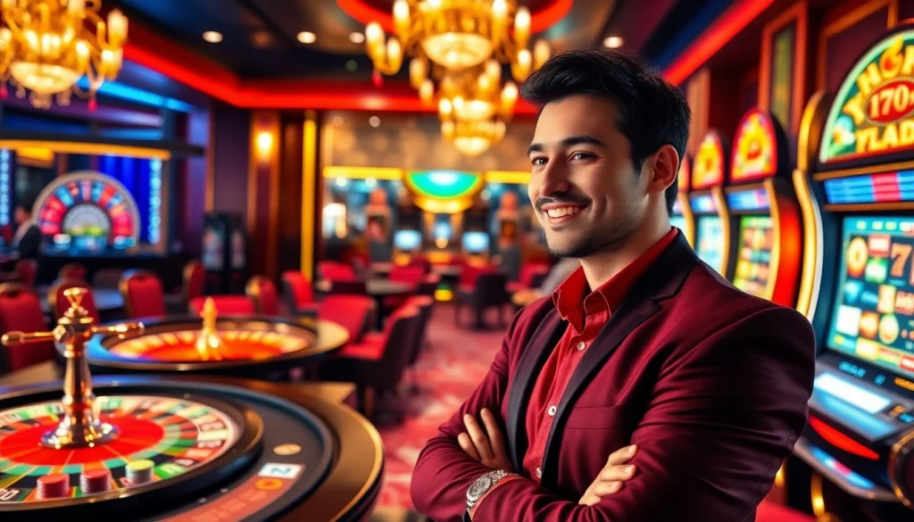 Experience the excitement of 789win com as players engage with vibrant slot machines and a classy poker table.