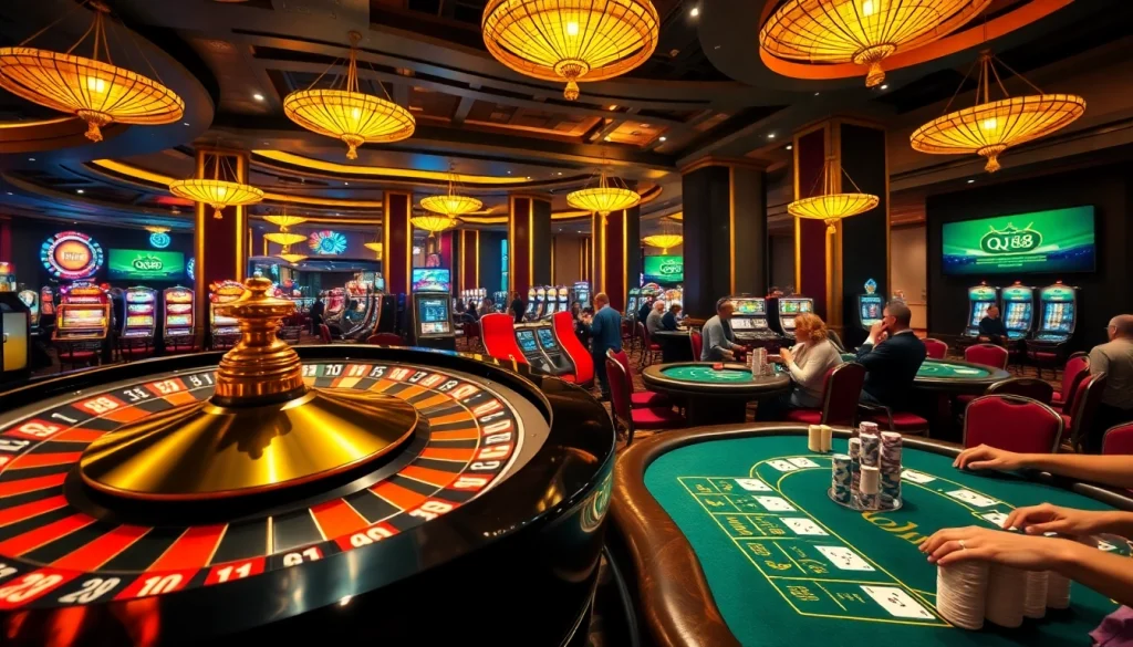 Experience thrilling gambling action at QQ88 with vibrant casino tables and eager players.