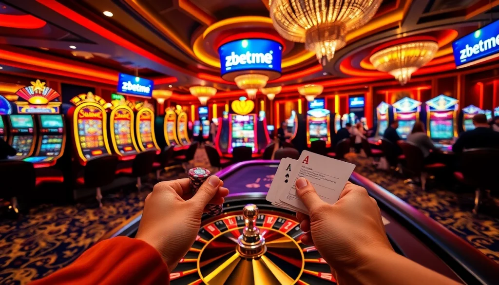 Exciting casino scene featuring zbet me betting, roulette wheel, and vibrant slot machines.