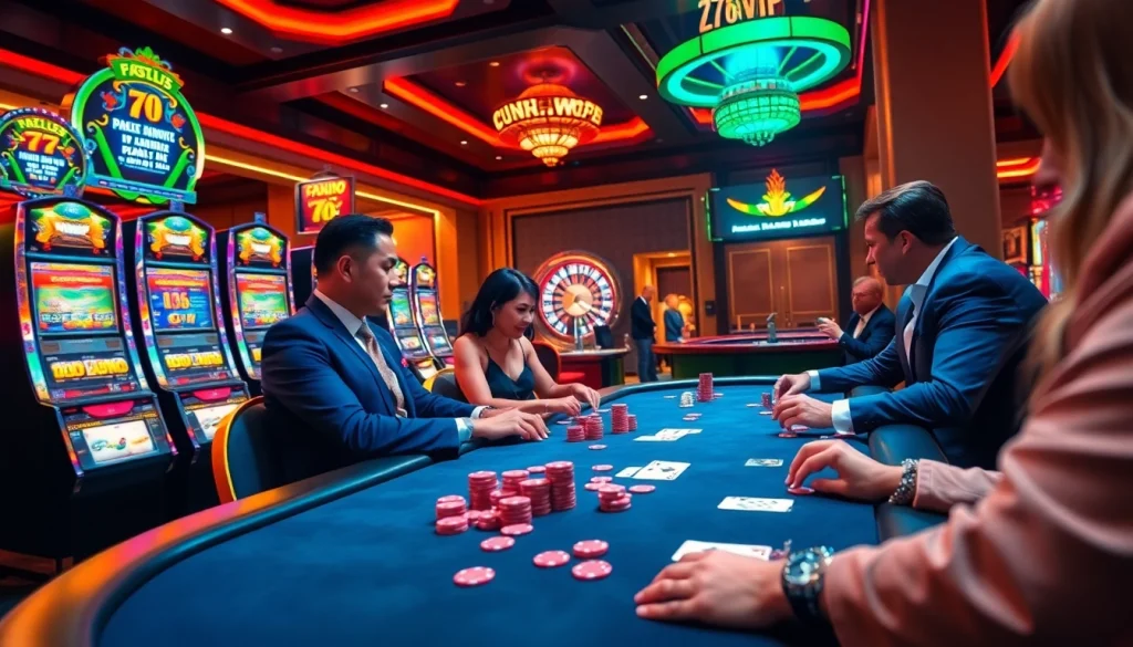 Players enjoying a thrilling poker game at 777VIP casino with vibrant chips and elegant decor.