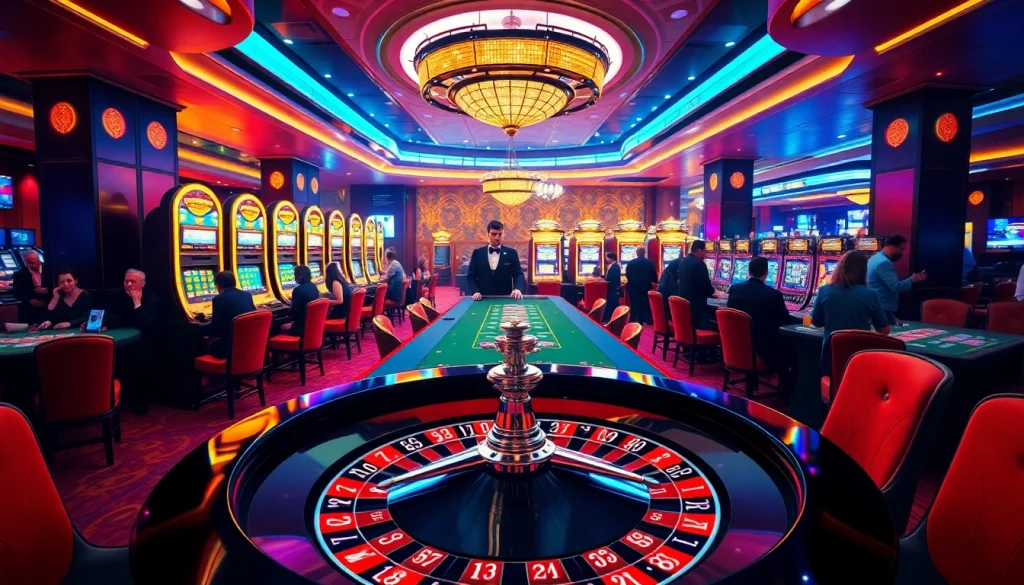Go8-themed casino scene showcasing players winning big at roulette and slots.