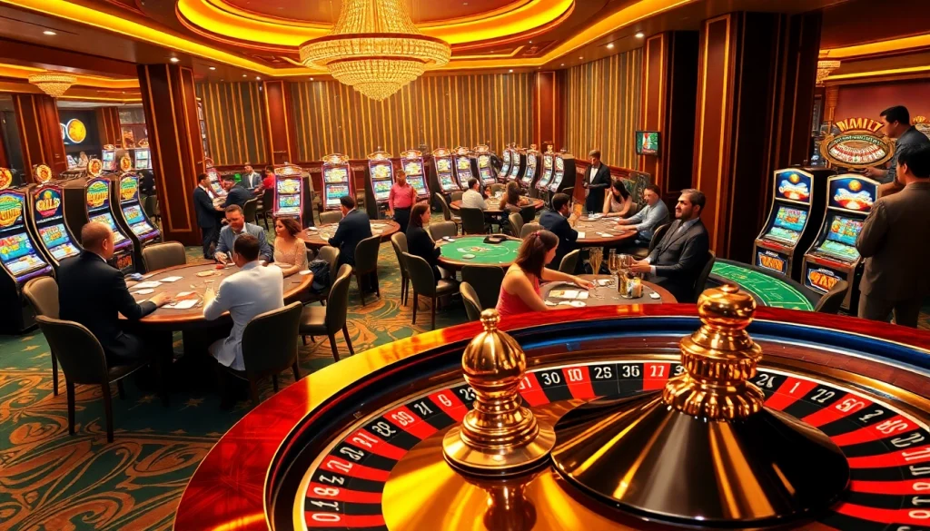 Experience the thrill of MM88 casino gaming with vibrant tables, players, and sparkling slot machines.