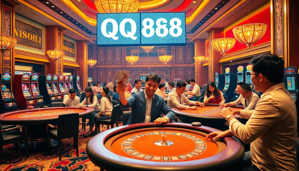 Enthusiastic players enjoy games at the QQ888 casino, with vibrant tables filled with poker chips and action.