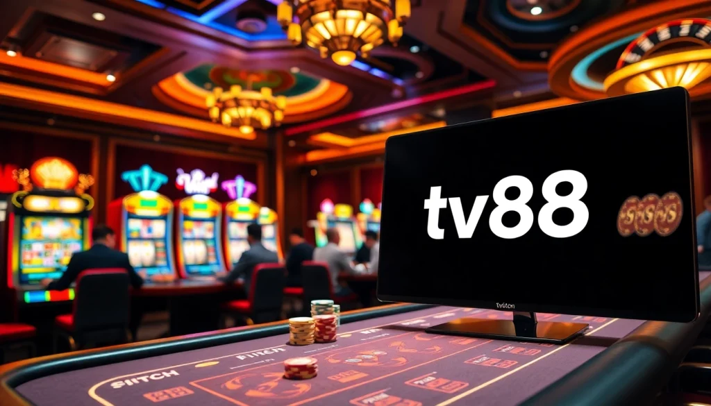 Players enjoying a high-stakes game at the luxurious tv88 casino, featuring poker tables and roulette wheels.