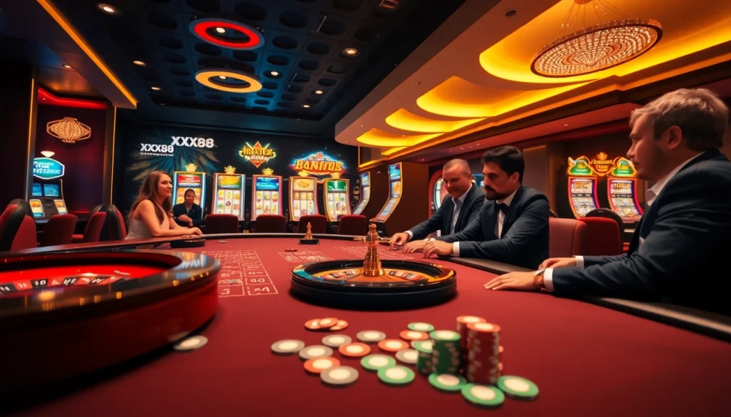 Engaging players betting at a luxurious xx88 casino table, showcasing excitement and professionalism.