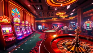 Experience RR88 at a bustling casino featuring live poker tables and vibrant slot machines.